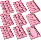 Frebeauty Jewelry Organizer Tray,Stackable Velvet Jewelry Trays,Drawer Inserts Earring Organizer For Women Jewelry Storage Display Case for Rings Stud Necklaces,8.3 x 4.9 x 1 Inches (Pink)