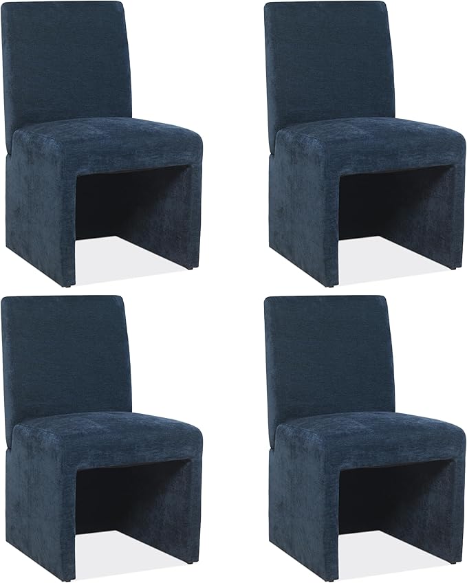 Blue Upholstered Dining Chairs Set of 4, Kitchen & Dining Room Chairs, Mid Century Modern Chairs, Linen Dining Chairs with Wooden Frame, Fabric