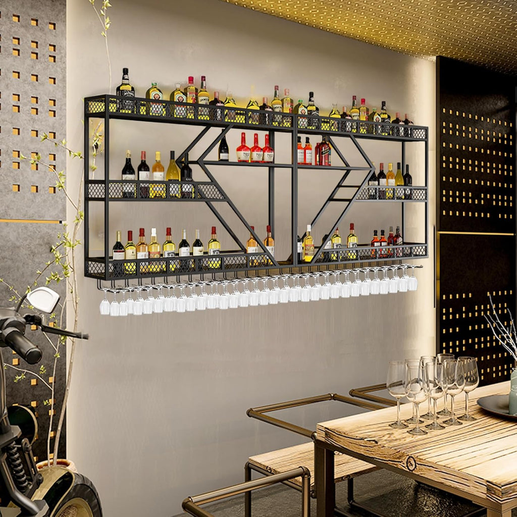 94.4in Wine Rack Wall Mounted, Modern Wine Storage Rack Wall Mounted with Wine Glass Holder, Liquor Shelf, Bar Shelves for Liquor Bottles (3TIERS Black, 94.48 * 7.87 * 33.85INCH)