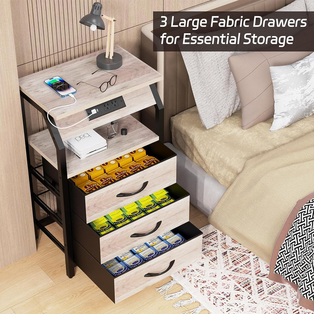 SZLHANJZ End Table with 3 Drawers, Night Stand with Charger Station and LED L...