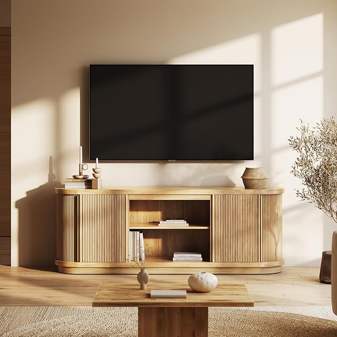 BELLEZE 67" Fluted TV Stand, Curved Entertainment Center with Sliding Tambour Doors, Media Console Table for TV up to 75" for Living Room (Camel)