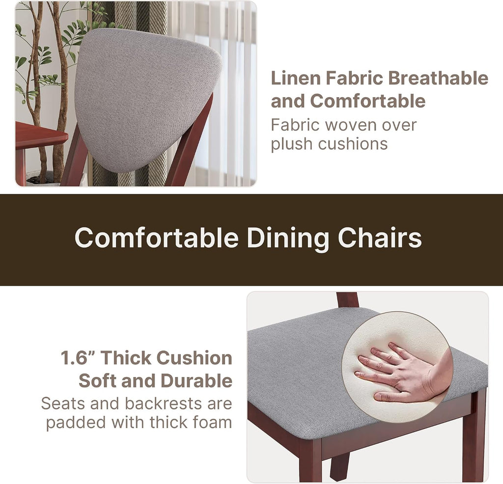 Ahomly 5-Piece Dining Table Set for 4,Solid Wood Kitchen Table Set with 4 Upholstered Linen Chairs, Space-Saving Dining Room Furniture for Apartment, Home, Dark Cherry/Grey
