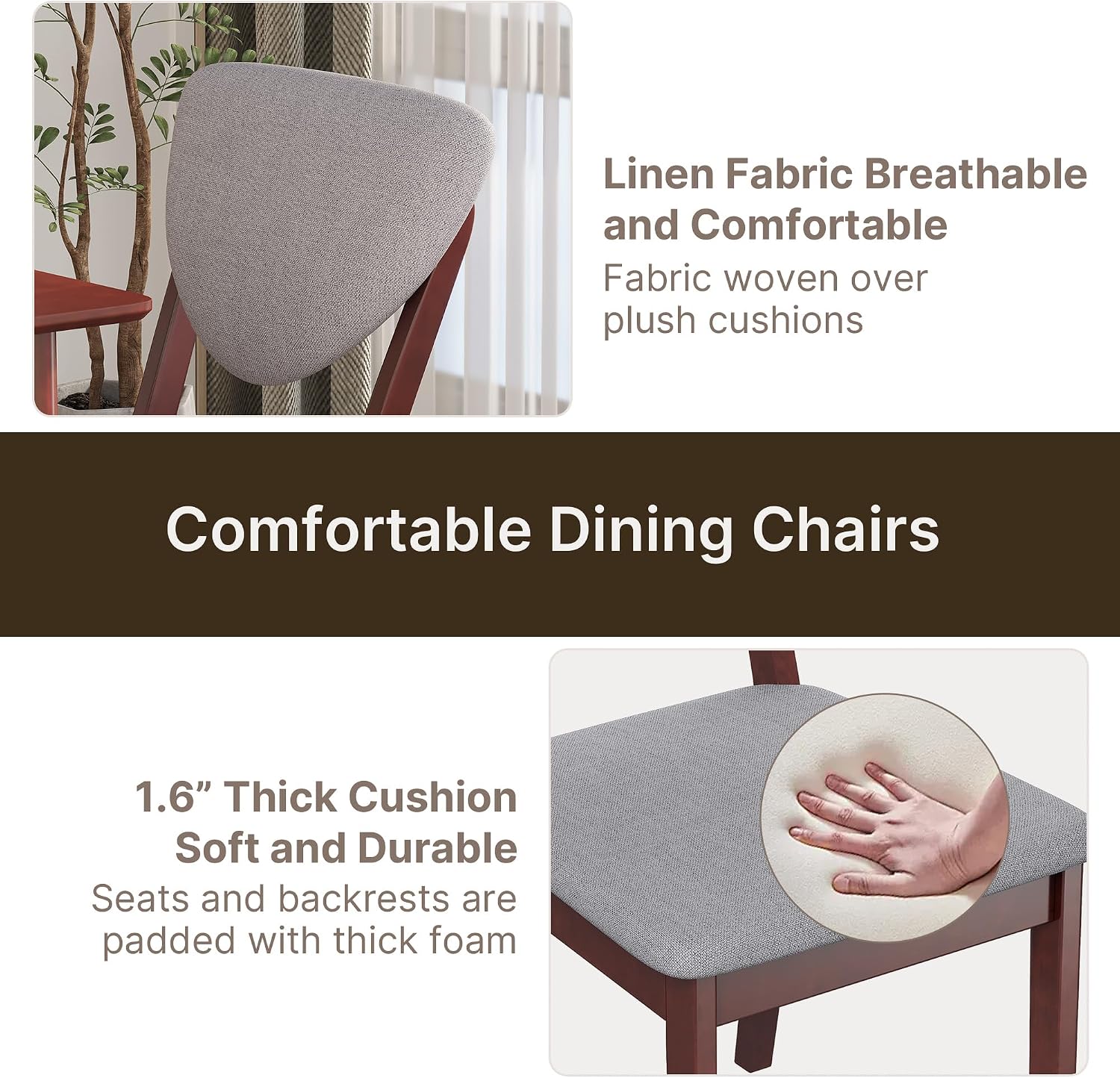 Ahomly 5-Piece Dining Table Set for 4,Solid Wood Kitchen Table Set with 4 Upholstered Linen Chairs, Space-Saving Dining Room Furniture for Apartment, Home, Dark Cherry/Grey