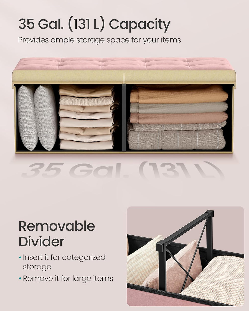 SONGMICS Foldable Storage Ottoman with Flipping Lid, 43.3 Inch Velvet Bench |...