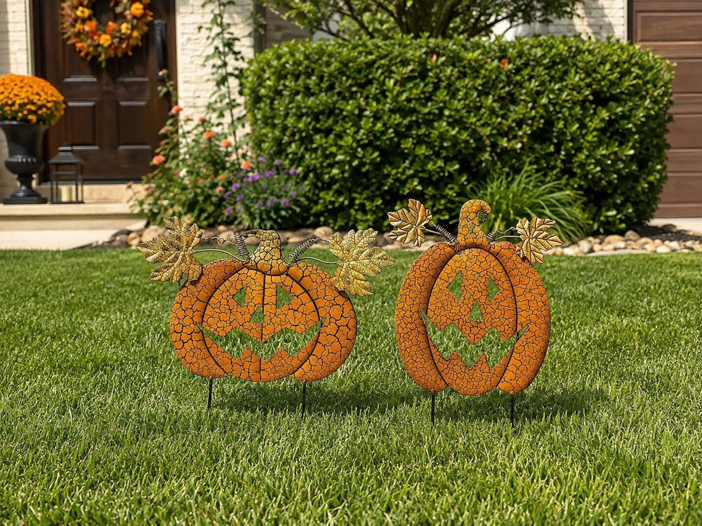 STC World S/2 Halloween Pumpkins Garden Stakes Jack O Lantern Designed Outdoo...