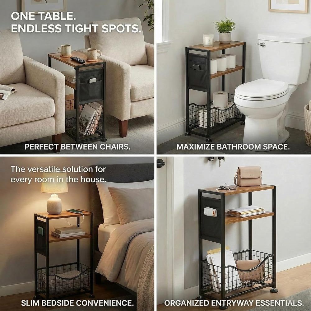 Skinny Side Table with Storage, 3 Tier Slim Side Tables for Small Spaces, Ski...