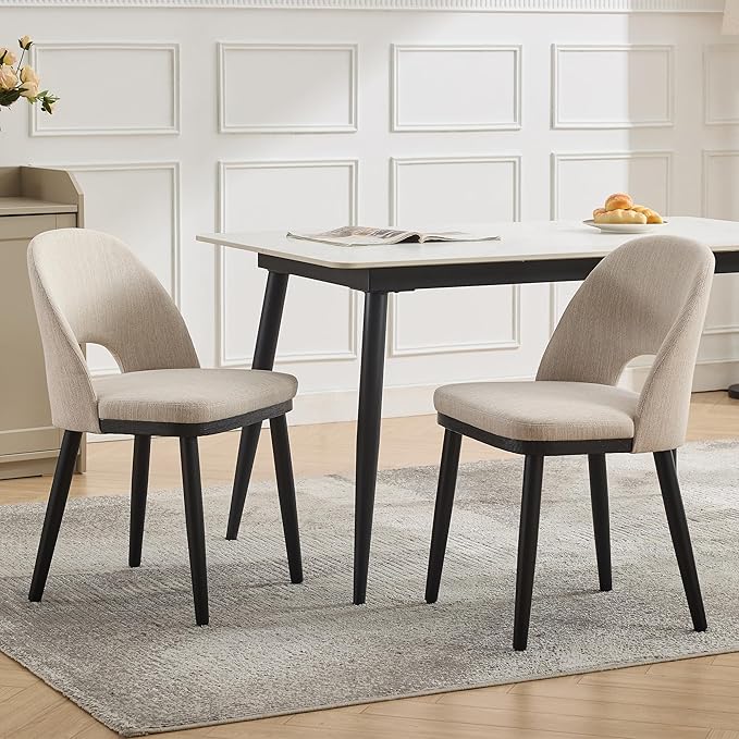 Wooden Dining Chairs Set of 4, Upholstered Kitchen Dining Room Chair, Modern Linen Fabric hollowed out Dinner Chair with Leveling Feet/hollowed out Backrest Support for Dining Room, Living Room,Beige