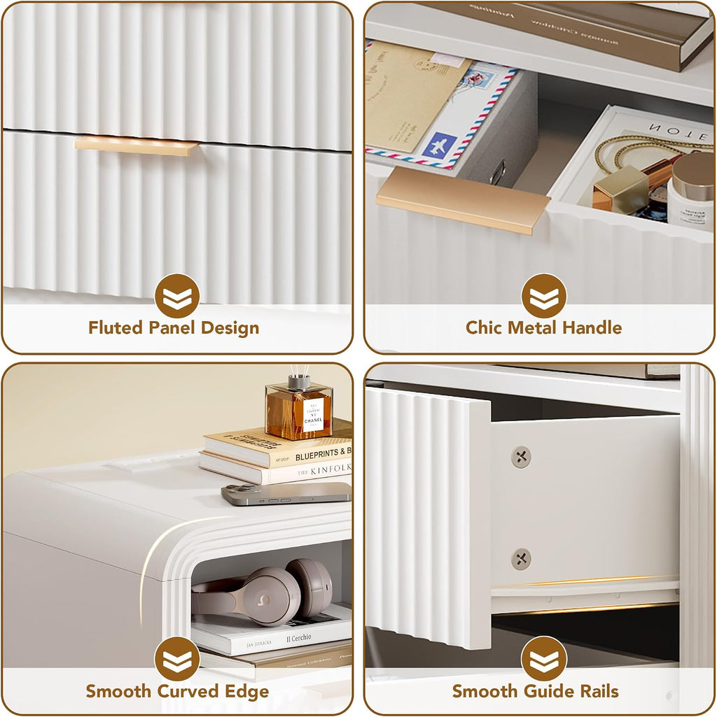 Decofy Fluted 2-Drawer Nightstand Set of 2 with Charging Station, White | Open Shelf, USB and Type C Ports, Curved Profile, Gold Handles, 19.7'' Wood Bedside Table