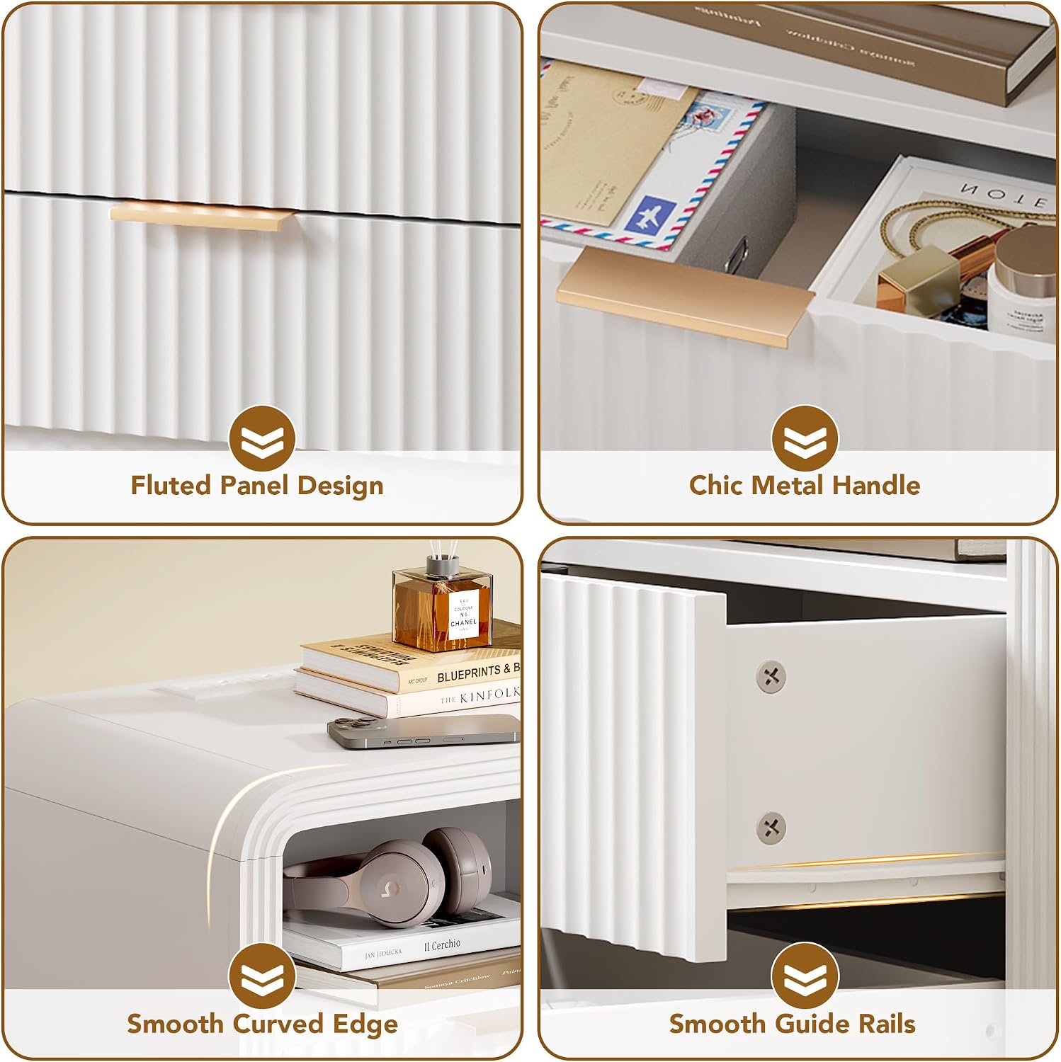 Decofy Fluted 2-Drawer Nightstand Set of 2 with Charging Station, White | Open Shelf, USB and Type C Ports, Curved Profile, Gold Handles, 19.7'' Wood Bedside Table