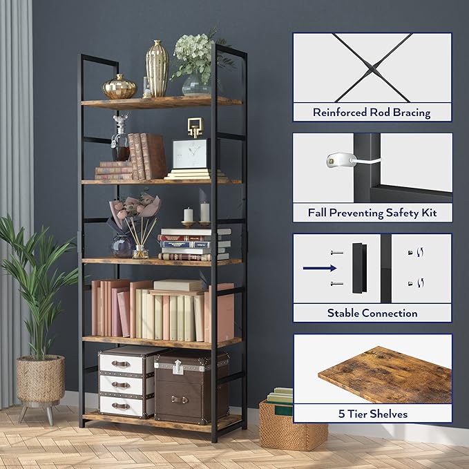 NUMENN 5 Tier Bookshelf, Tall Bookcase Shelf Storage Organizer, Modern Book S...