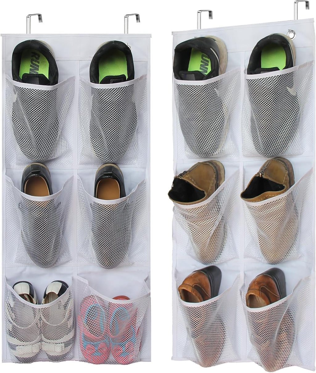 2 Packs Narrow Over the Door/Wall Shoe Organizer Cruise, Small Hanging Shoe Rack for Closet with Clear Mesh Pocket for Bathroom, RV, Pantry, Camping (White)