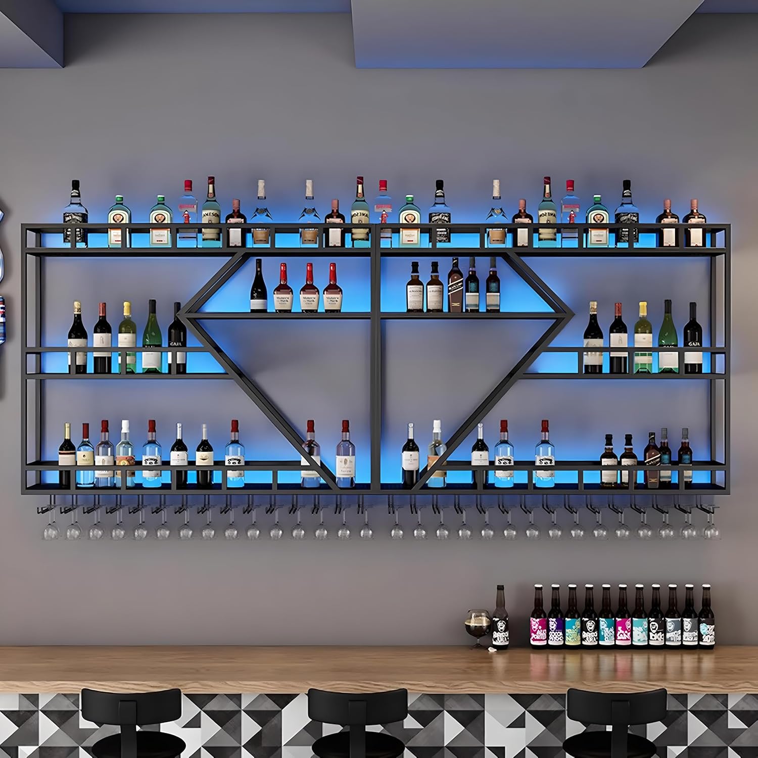 63in Wall Mounted Wine Rack, Large Metal Wine Bottle Holder,3 Tier Modern Fashion Diamond Shaped Floating Bar Unit Wine Storage Shelves, for Home Restaurant Bars Decor (Black, 3 Tier - 63in)