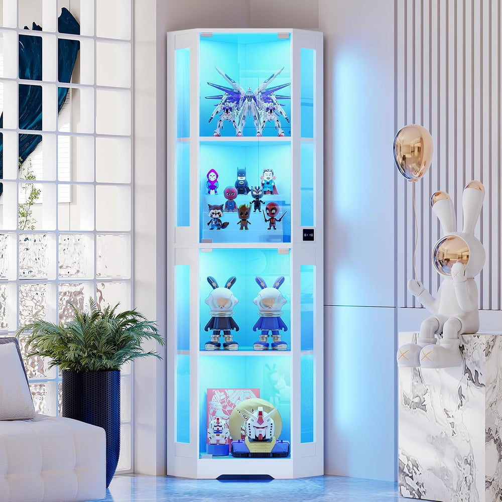 BROTTAR 65" Corner Glass Display Cabinet with LED Lights, 4-Tier Showcas...