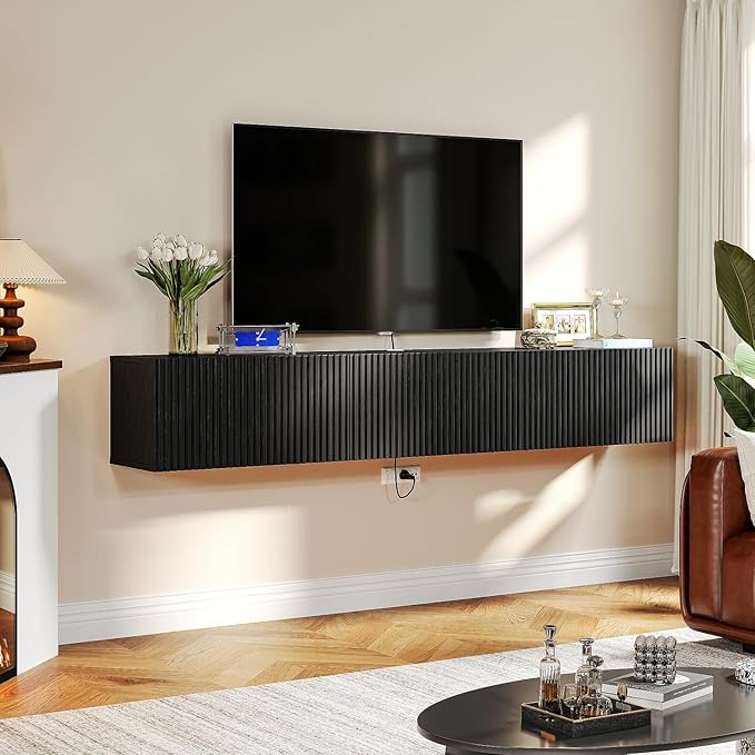 Floating TV Stand with 3 Doors, 55IN Wall Mounted TV Cabinet, Floating Media Console Entertainment Center with Storage, Under TV Shelf for Bedroom Living Room,Black