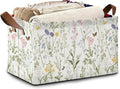 Wildflowers Butterfly Storage Baskets,Plants Botanical Foldable Large Capacity Organizer Bins with Waterproof Lining and Leather Handles for Closet,Shelf,Bedroom 17x11.5x10Inch