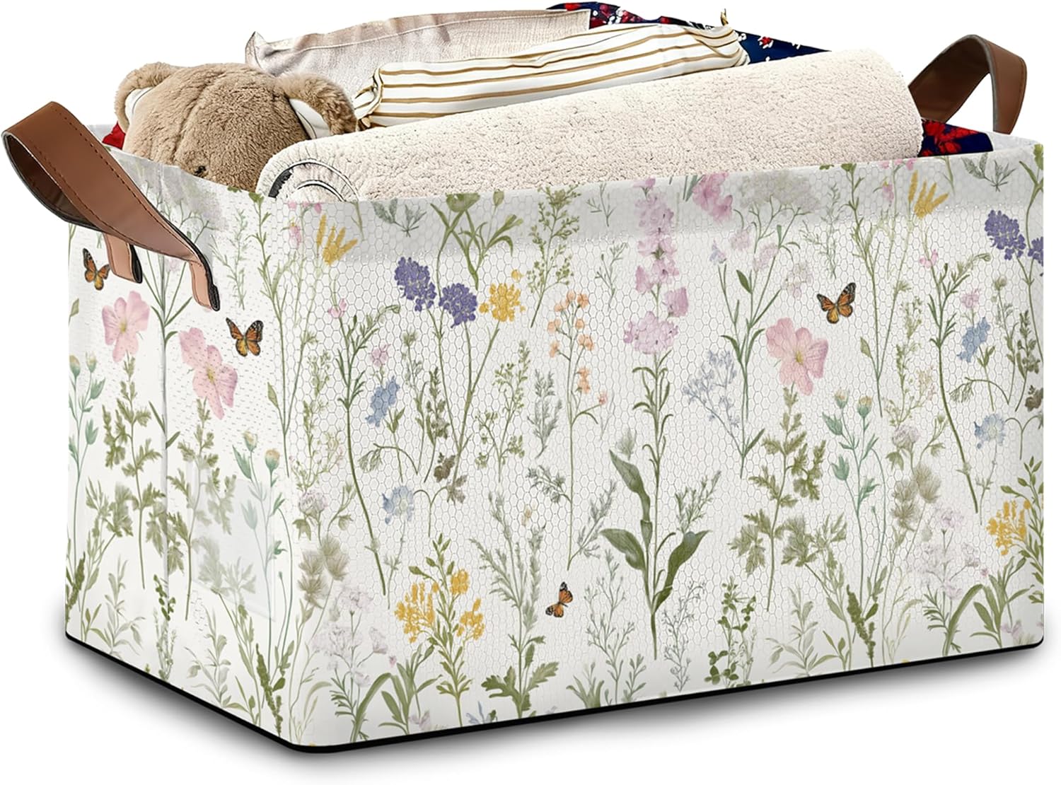 Wildflowers Butterfly Storage Baskets,Plants Botanical Foldable Large Capacity Organizer Bins with Waterproof Lining and Leather Handles for Closet,Shelf,Bedroom 17x11.5x10Inch