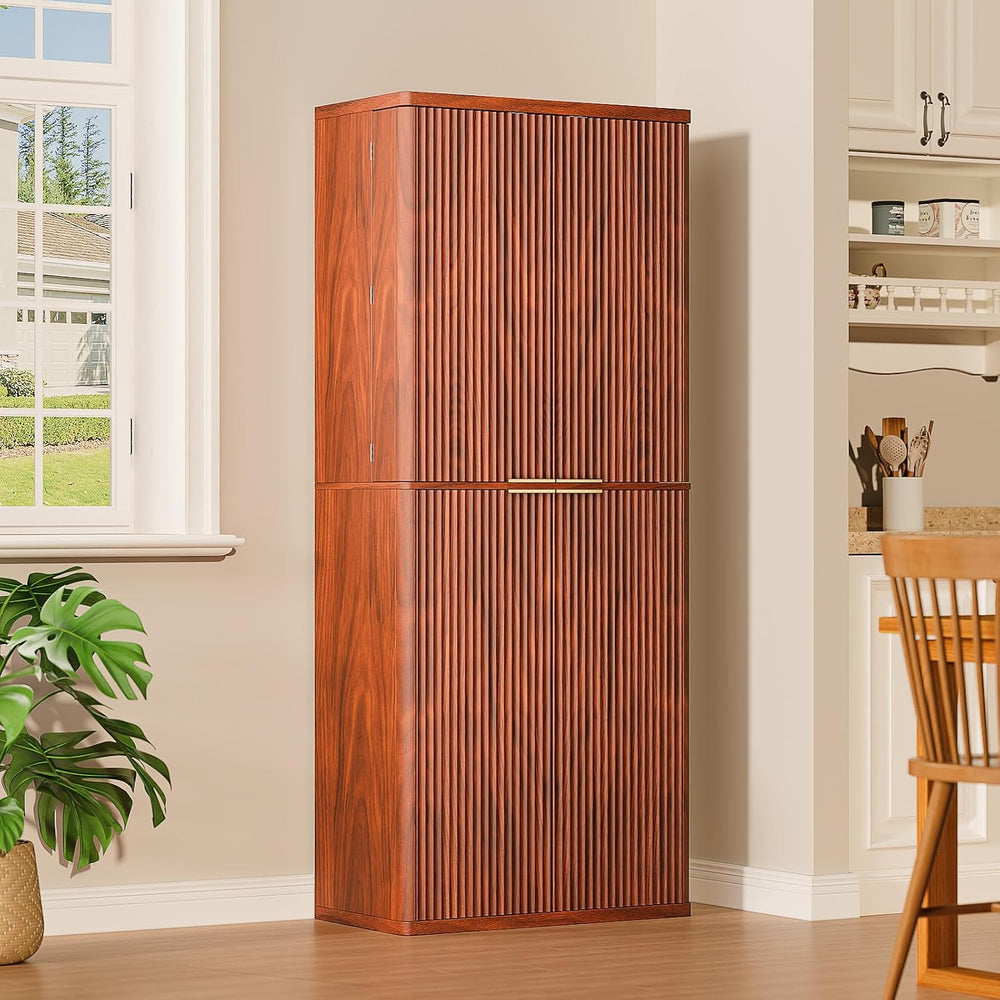 72" Tall Kitchen Pantry Modern Fluted Wood Storage Cabinet with Doors,6 ...