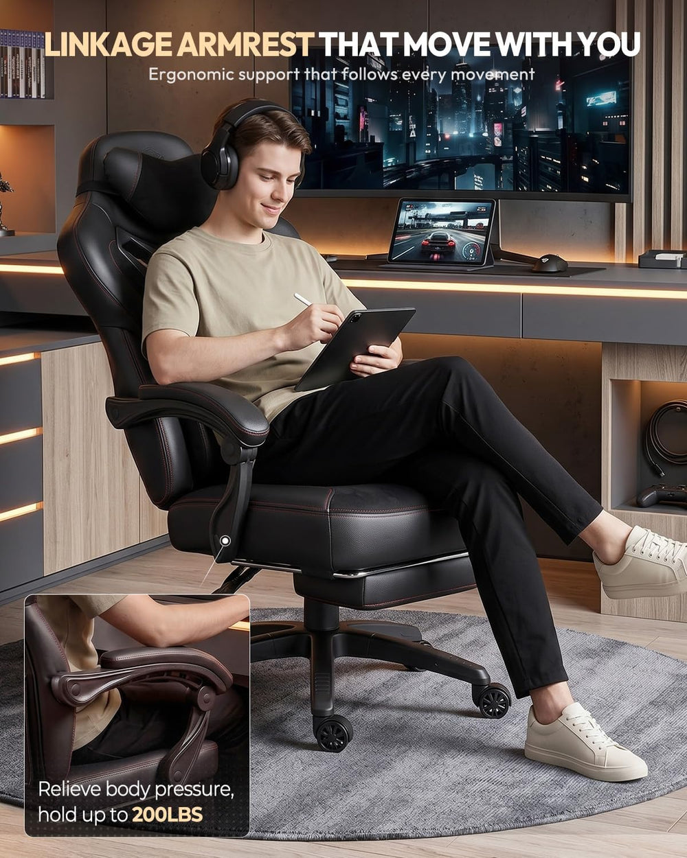 Dowinx Big and Tall Gaming Chair for Adults with Footrest, Massage Lumbar | E...