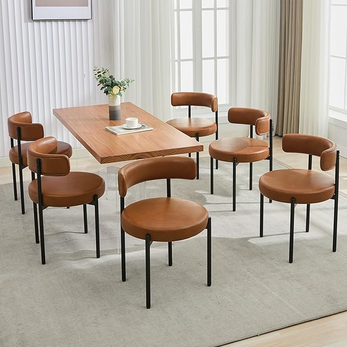 Faux Leather Dining Chairs Set of 6, Mid Century Modern Dining Room Chairs with Barrel Backrest, Upholstered Brown Kitchen Chairs for Dining Room, Restaurant