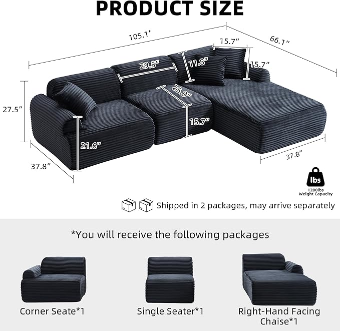 Modular Floor Sofa, Cozy Corduroy Sectional Couch with Fully Washable Covers, Frameless L Shaped Couch for Living Room, Family & Pet Friendly Lounge, No Assembly (Black, Right Facing Chaise)