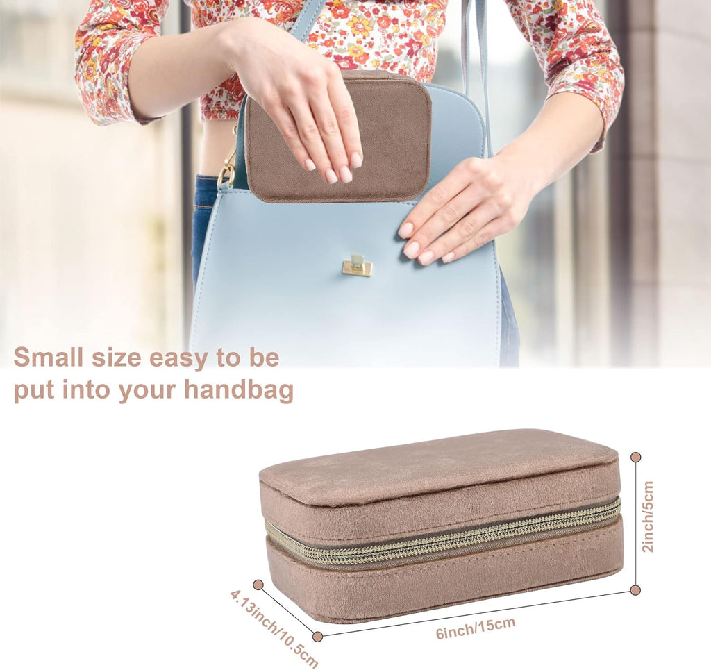Dajasan Velvet Travel Jewelry Case, Mini Portable Travel Jewelry Organizer Boxes, Jewelry Gift Box for Birthday Mother's Day Valentine's Day Christmas (Khaki)
