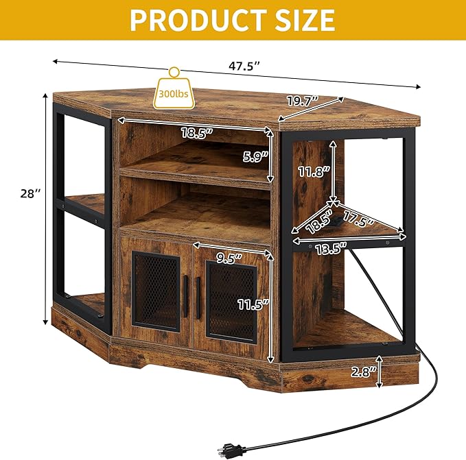 DWVO Farmhouse Corner TV Stand for Living Room, TV Stand for 50 Inch TV, Entertainment Center with Storage and Power Outlet, TV Console Cabinet, Rustic Brown