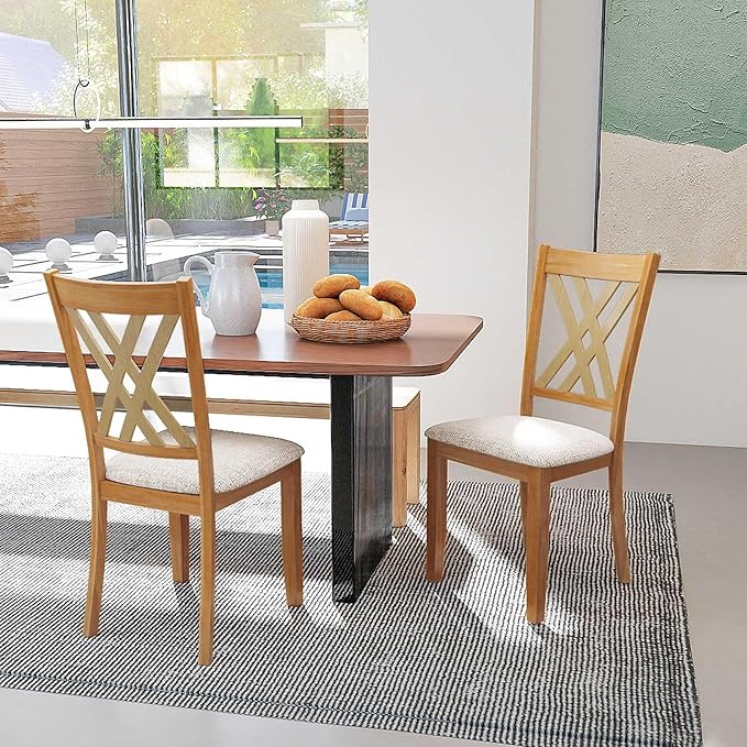 Giantex Wooden Dining Chairs Set of 2, Linen Fabric Upholstered Kitchen Chair w/Rubber Wood Frame, Wide Padded Seat, Curved Cross Back, Farmhouse Side Chairs for Dining Living Room Restaurant