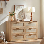 LEYAOYAO Rattan 6 Drawer Dresser for Bedroom, Boho 48" Wide Natural Wood Dresser Chest of Drawers, Dressers TV Stand with Metal Handle, Storage Dressers Closet Organizer for Living Room, Hallway