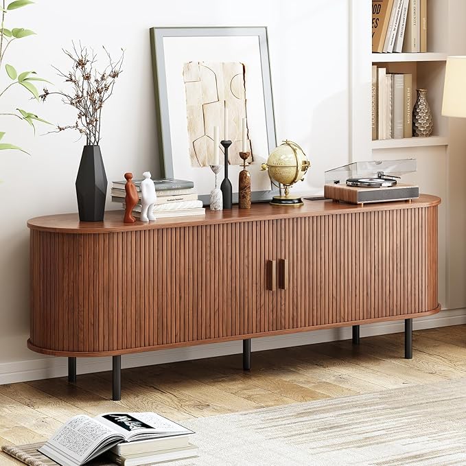 63" Fluted TV Stand with Power Outlet, Modern Media Console with Sliding Doors, Entertainment Center for TVs up to 60 Inch, Adjustable Shelves, Walnut