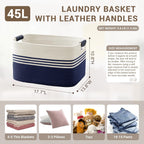 45L Small Laundry Basket with Leather Handles for Living Room Storage, Woven Rope Baskets Bin for Blanket, Kids Toy, Gifts, Wicker Hamper for Bedroom Dirty Clothes, 18"x14"x11" White Navy
