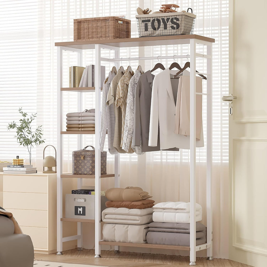 VECELO Open Garment Clothing Rack, Free-Standing Heavy Duty Storage Closet with 5 Shelves and Hanging Rod for Small Spaces, Max Load 350LBS, White Oak