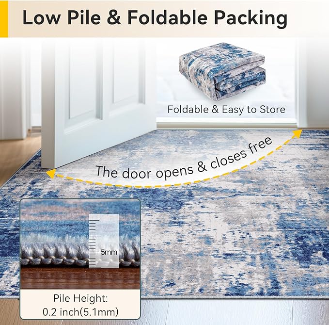 Washable Area Rugs 9'x12' Non-Slip Modern Abstract Soft for Living Room Entryway Bedroom, Print Pattern, Blue Grey Navy Gray