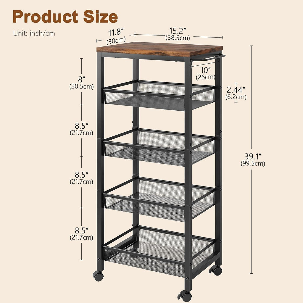 Hoctieon Rolling Storage Cart, 5-Tier 11.8" Wide Panel Kitchen Storage Cart, Utility Carts with Handle & Wheels, Mobile Shelving Unit, Metal Frame Narrow Carts for Home Kitchen, Laundry, Rustic Brown
