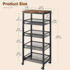 Hoctieon Rolling Storage Cart, 5-Tier 11.8" Wide Panel Kitchen Storage Cart, Utility Carts with Handle & Wheels, Mobile Shelving Unit, Metal Frame Narrow Carts for Home Kitchen, Laundry, Rustic Brown