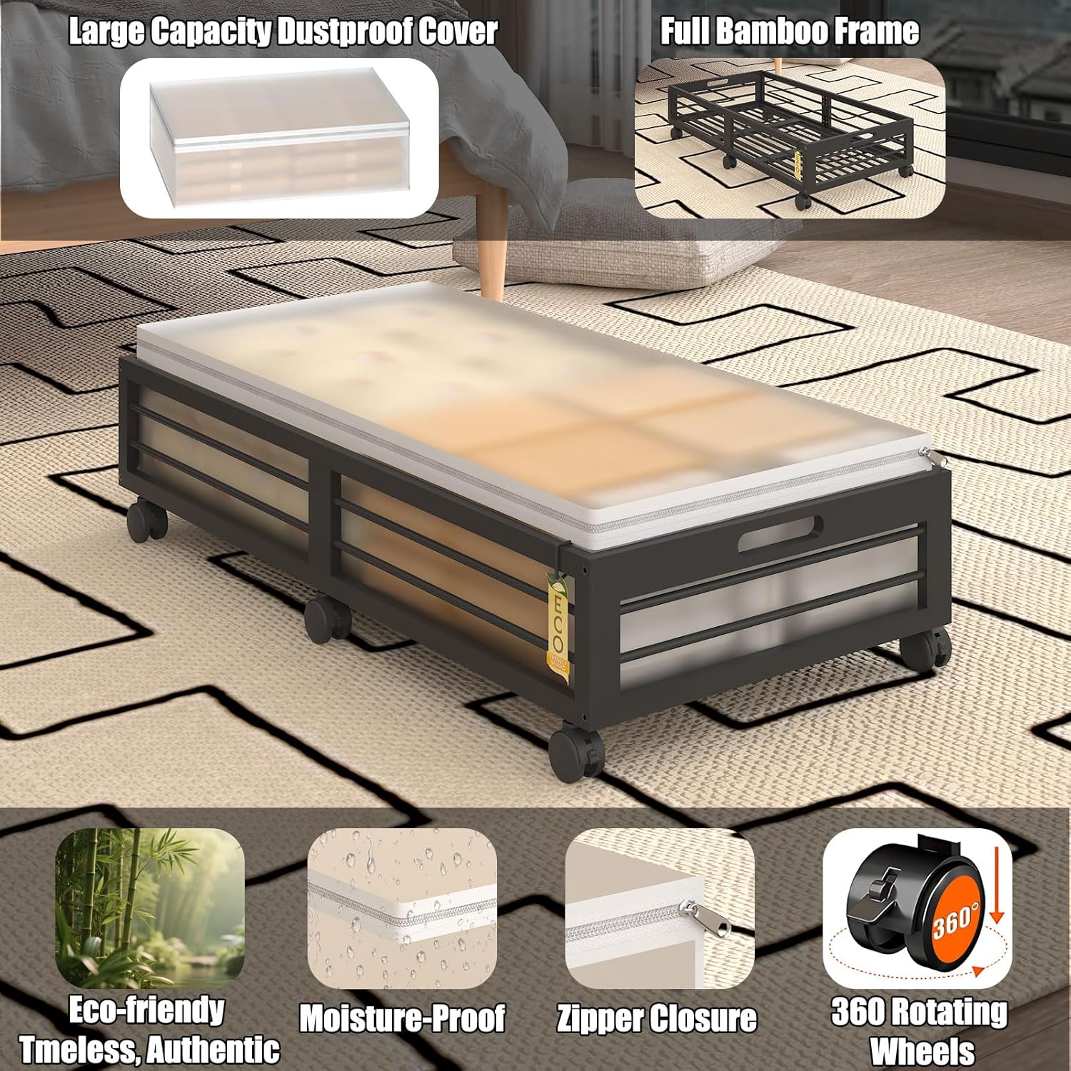 Under Bed Storage Containers with Wheels, Larger Bamboo Wood Under Furniture Storage Containers with Dust Bags，Rolling for Shoes Clothes