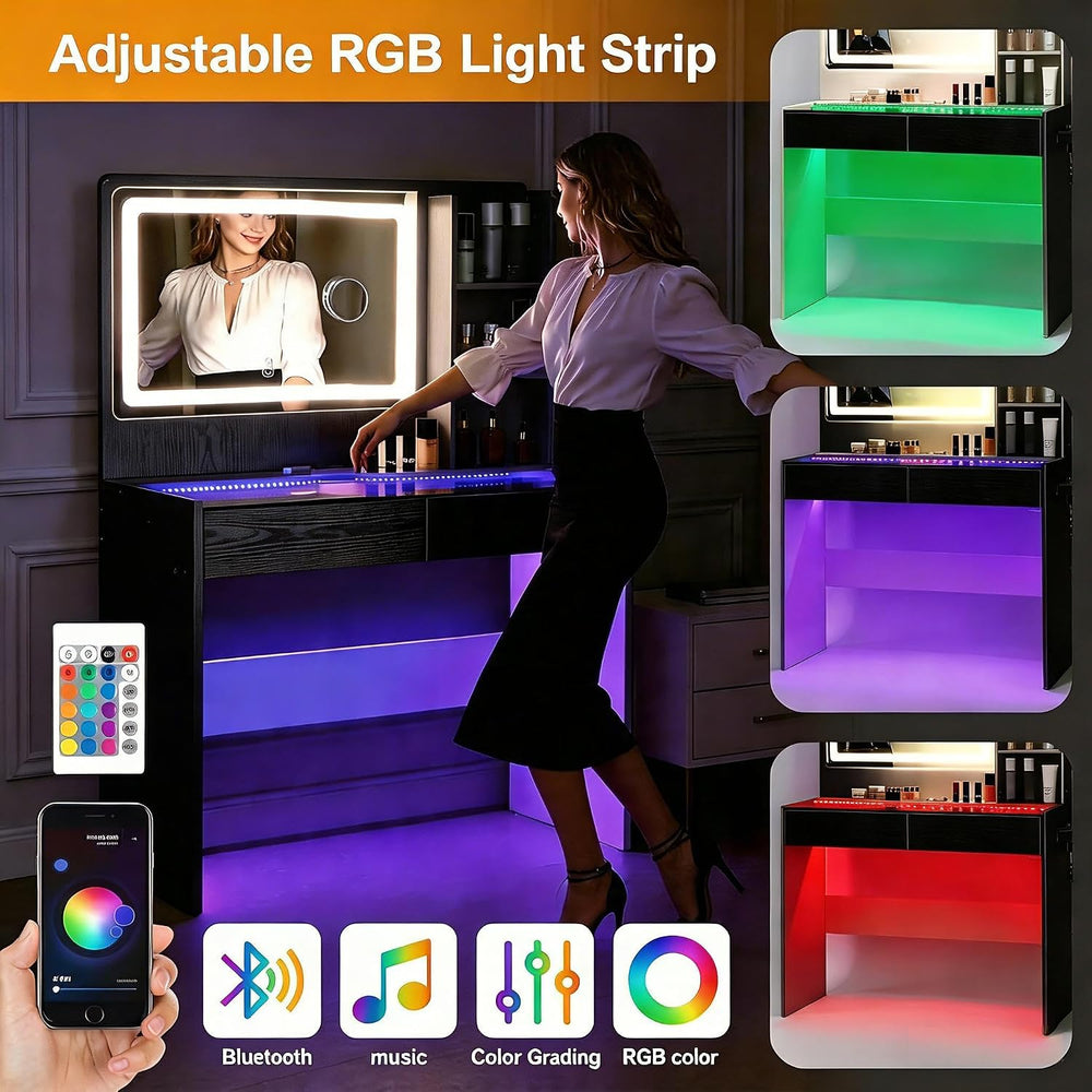 Makeup Vanity Desk with Smart LED Mirror & RGB Lights, Glass Top Peach Mo...