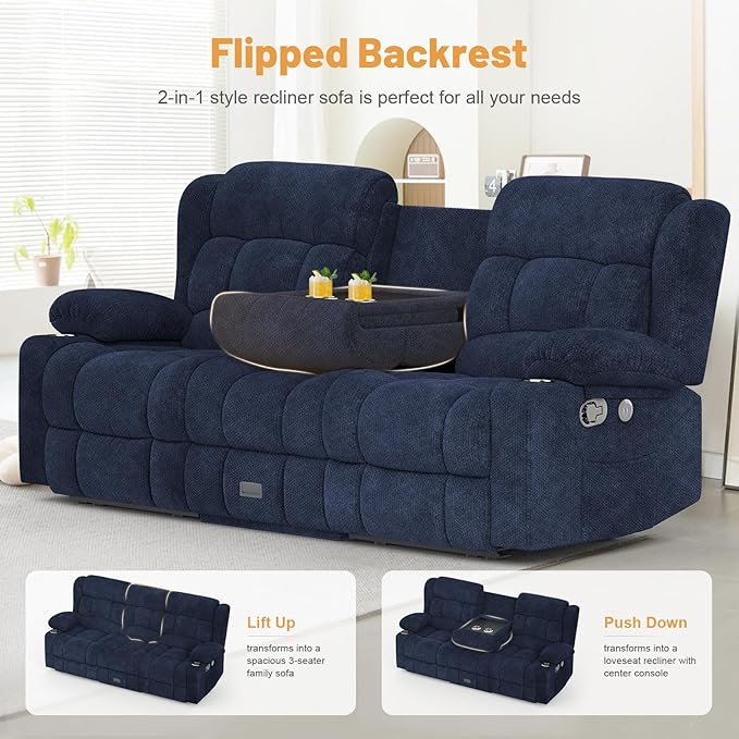 Loveseat Recliner Sofa, Flip Middle Backrest Design 3 Seat Reclining Sofa with Storage Drawer, USB Ports & Cup Holders, Manual Couch for Living Room/RV (Blue)