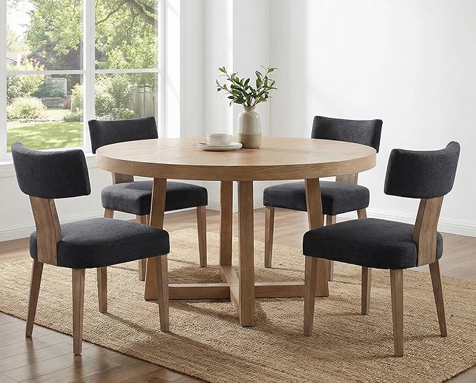 Linen Dining Chairs Set of 4, Modern Dining Chair with Curved Backrest and Wood Legs Upholstered Dining Chairs Farmhouse Dining Room Chairs Kitchen Chairs, Charcoal