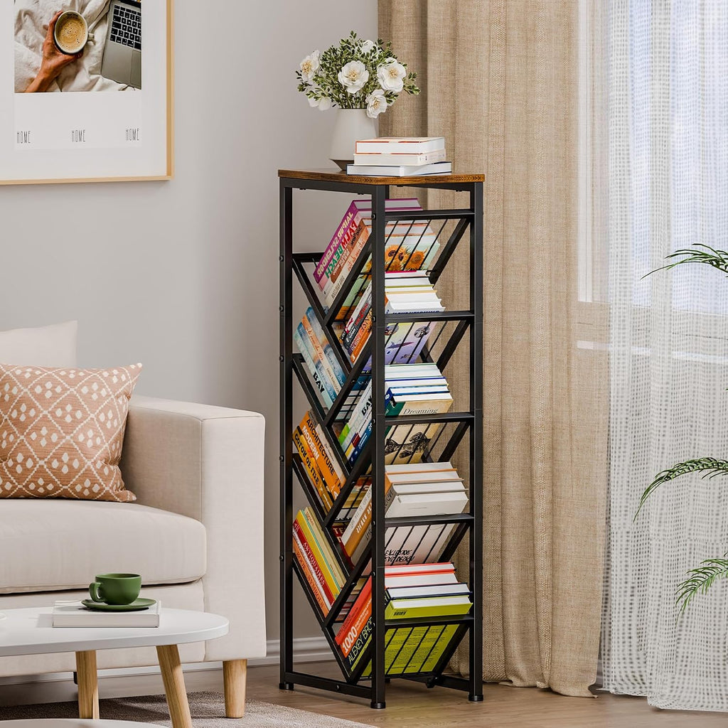 Cutogxon Tree Bookshelf - 9 Tier Visual Metal Floor Standing Book Shelf with Wooden Top, Small Bookshelf for Small Spaces Bookshelves Book Storage Organizer Shelves for Living Room Bedroom Black