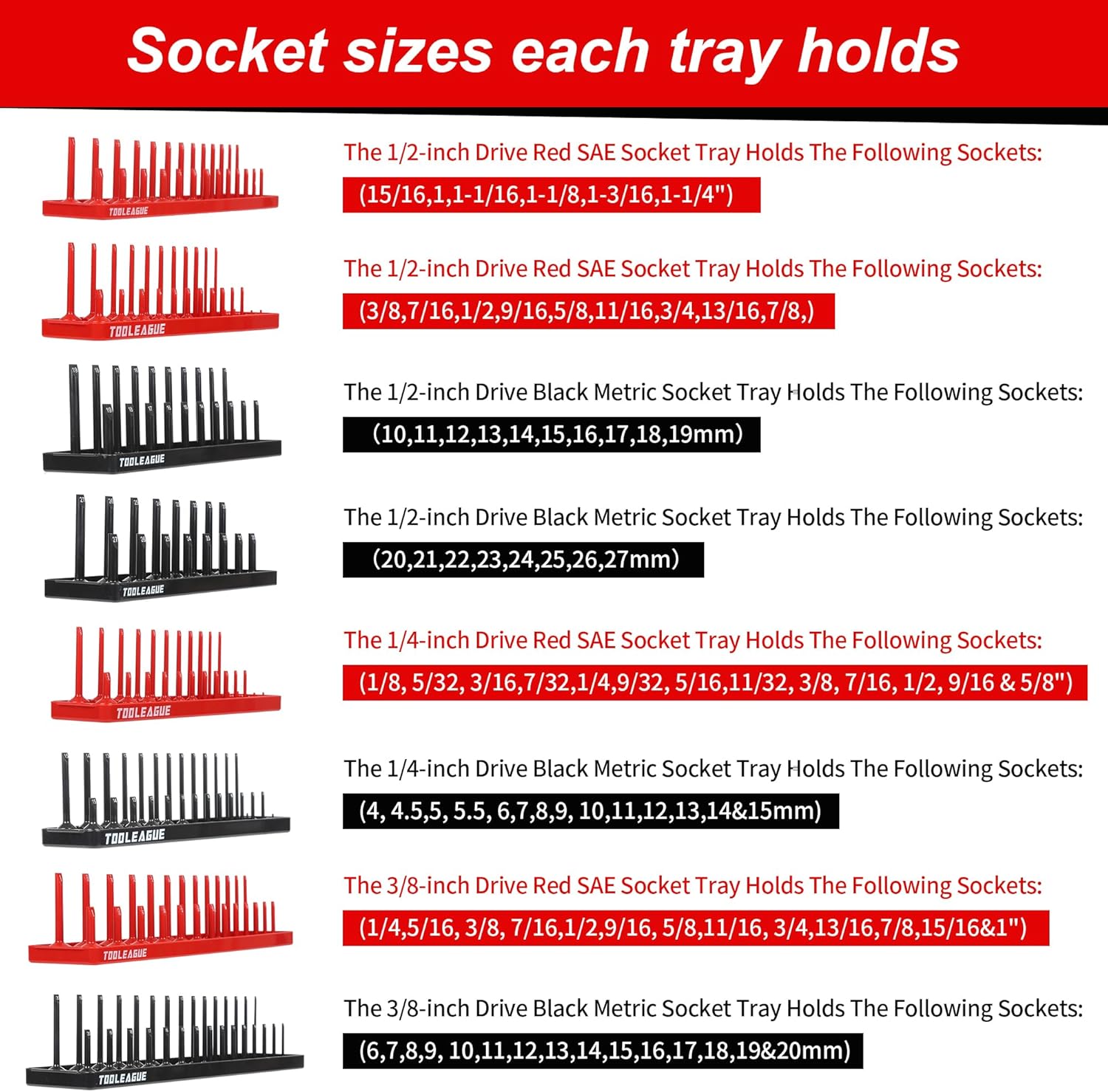 TOOLEAGUE 9Pcs Socket Organizer Tray and Magnetic Wrench Holder Set,Red SAE & Black Metric, 1/2", 1/4", 3/8" Socket Storage Trays for Tool Box Drawer