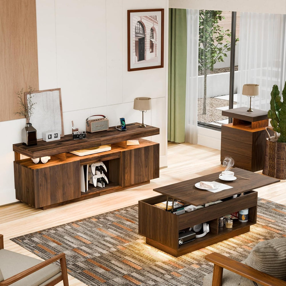 HOMMPA Modern Industrial TV Stand and Coffee Table Set of 2, LED Entertainmen...