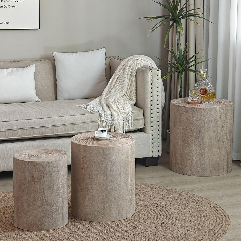 Round Nesting Small Coffee Table Side Table End Set of 3 for Living Room Bedroom, Farmhouse Countryside Style, No Assembly, Natural Wood