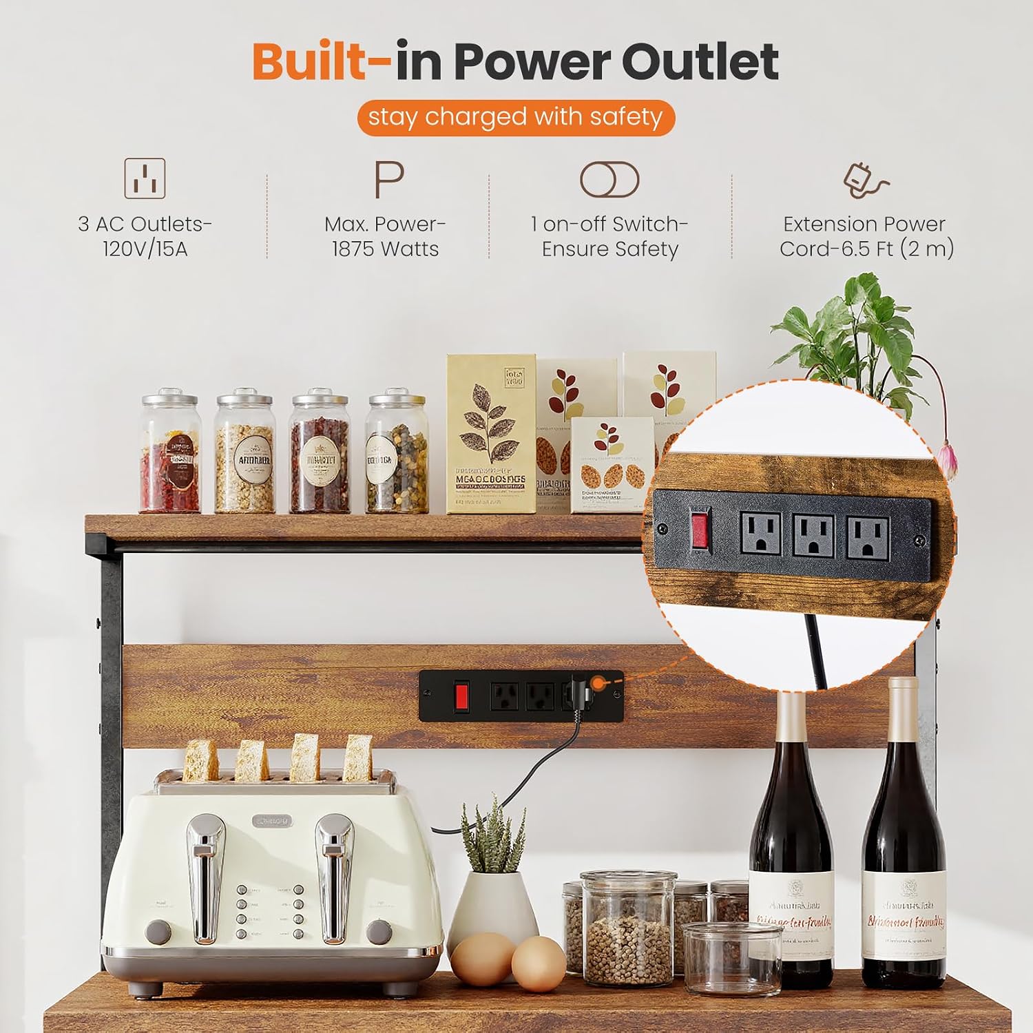Sweetcrispy 23.6'' Small Bakers Rack with Power Outlet for Kitchen Storage | Microwave Stand with Adjustable Shelf for Coffee Bar Station, Small Apartment, Counter Space Saving, Rustic Brown