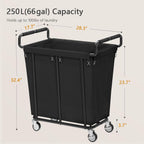 Laundry Hamper with Wheels, 250L Rolling Medium Laundry Basket for Clothes Storage, Heavy Duty Rolling Laundry Cart with Handle, Steel Frame, Waterproof Liner, 66 Gallons