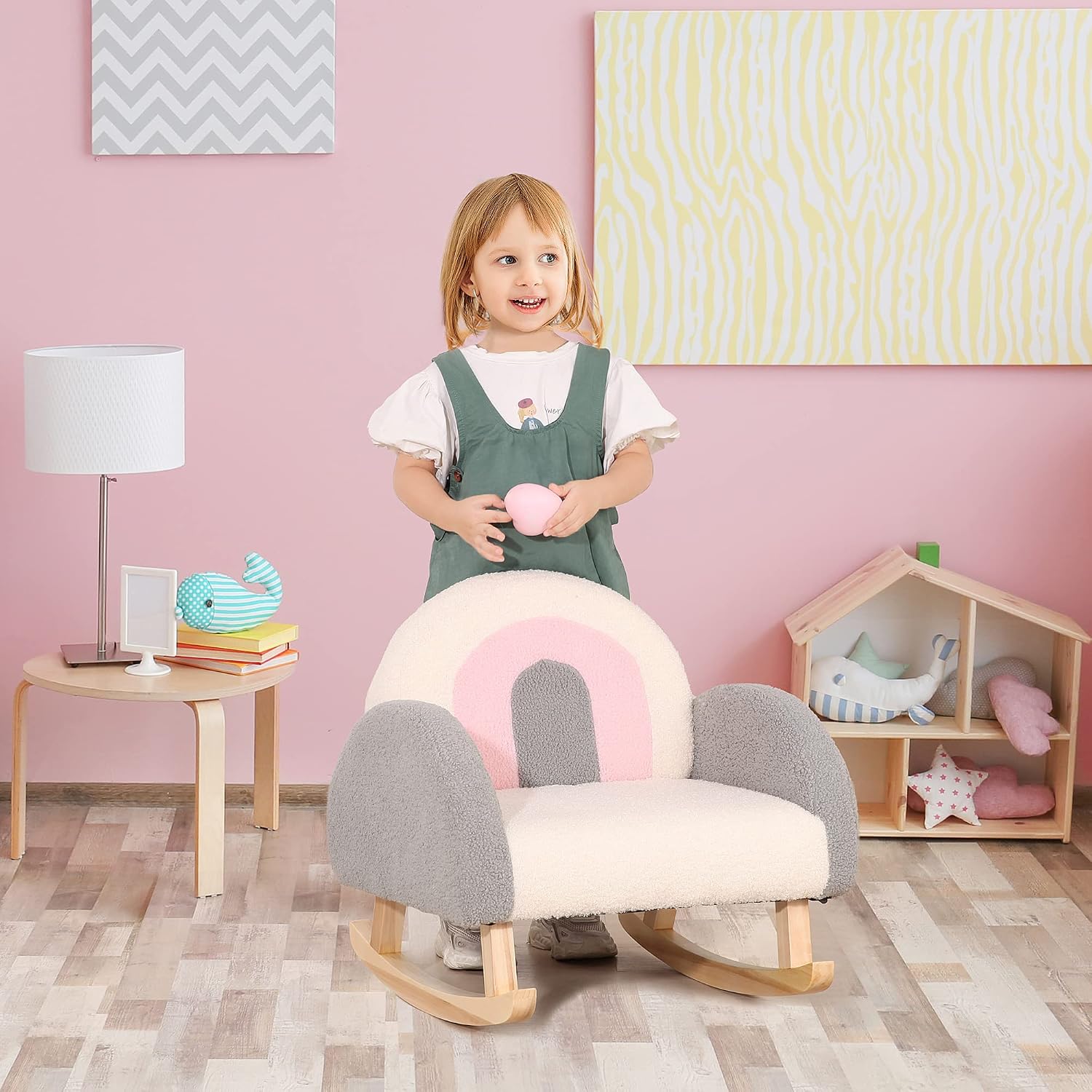 Qaba Kids Sofa Toddler Rocking Chair Solid Wooden Frame 18-36 Months Gray | Faux Lamb Fleece Fabric, Kids Arm Chair, Nursery Or Playroom