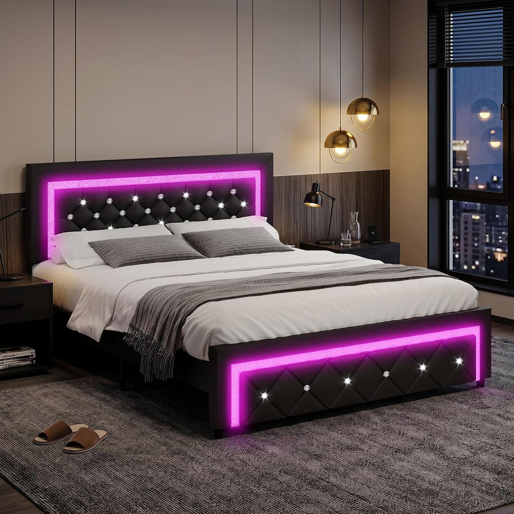 BarnFurin Queen Bed Frame with LED Lights, Diamond Tufted Headboard, Black
