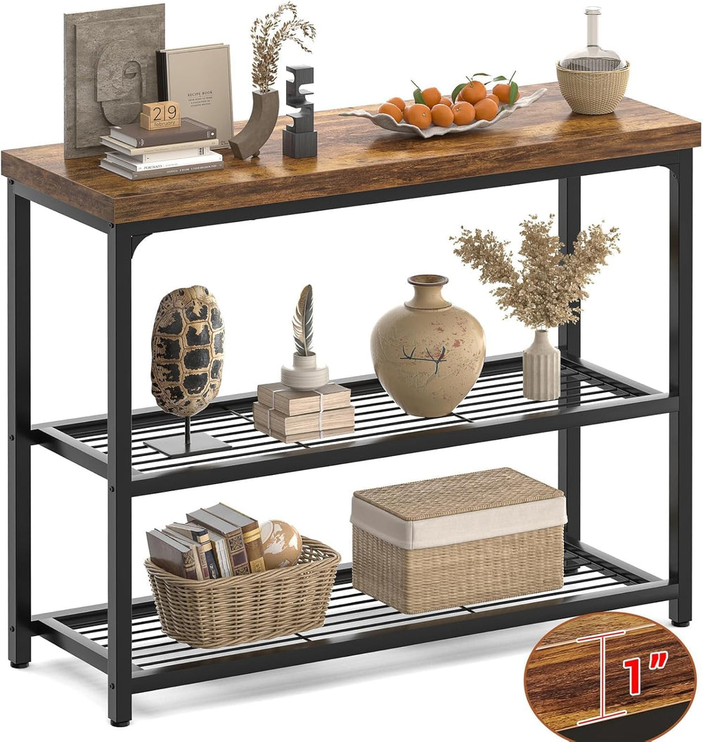 Besiost 32" Industrial Console Table with 3-Tier Storage, Oak Grey | Sma...