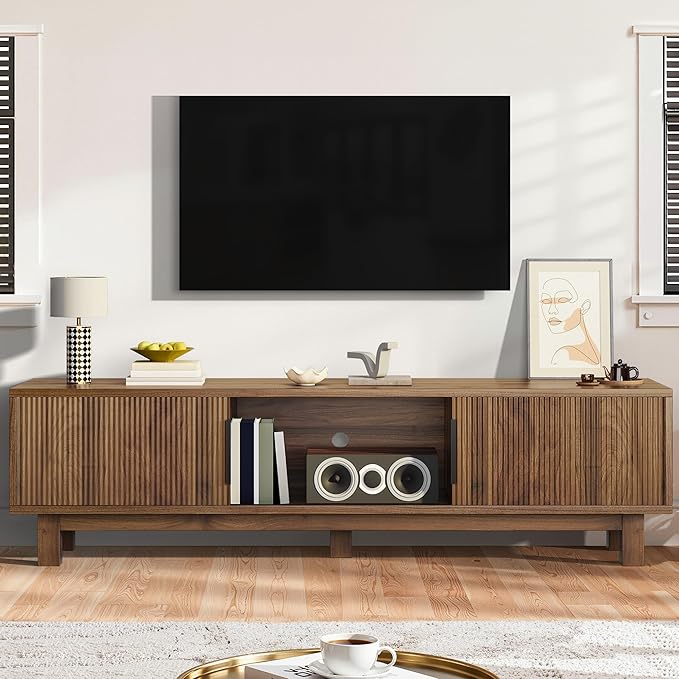 DWVO Fluted TV Stands for Living Room, Entertainment Center for TVs up to 65 Inch, Mid Century Modern Media Console with Power Outlets & Storage Compartments, 59" Long TV Cabinet, Walnut
