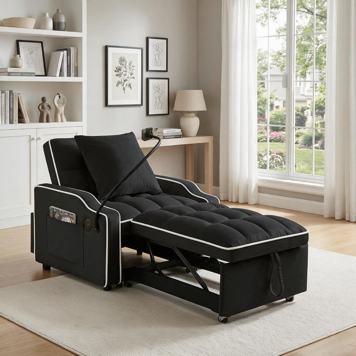 Single Sleeper Chair with USB Port, 3 In1 Pull Out Sofa Bed, Black