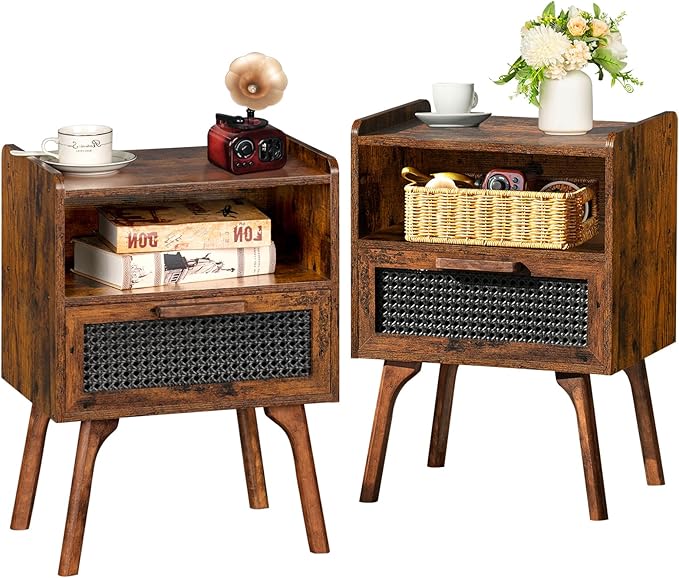 Lerliuo Rattan Nightstands Set of 2, Boho Side Table with Drawer Open Shelf, ...